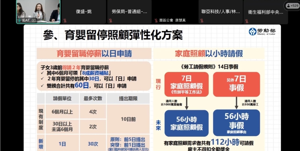 勞動部舉辦「育嬰留職停薪照顧彈性化新制宣導說明會」，協助勞雇雙方瞭解新制內容及本部簡化措施。