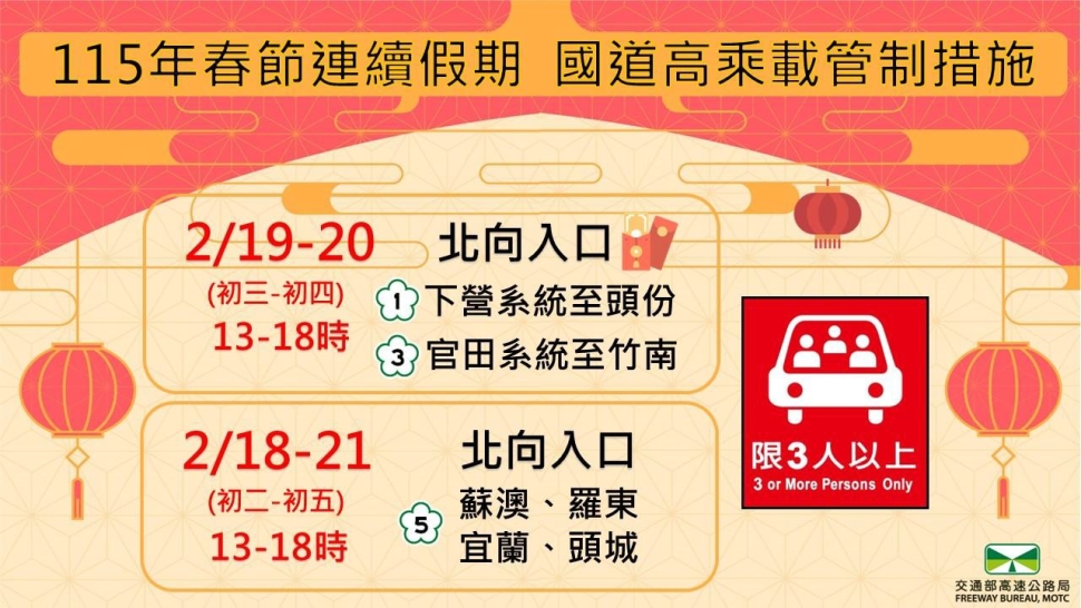 春節連假國道實施高乘載管制，請依標誌指示行駛