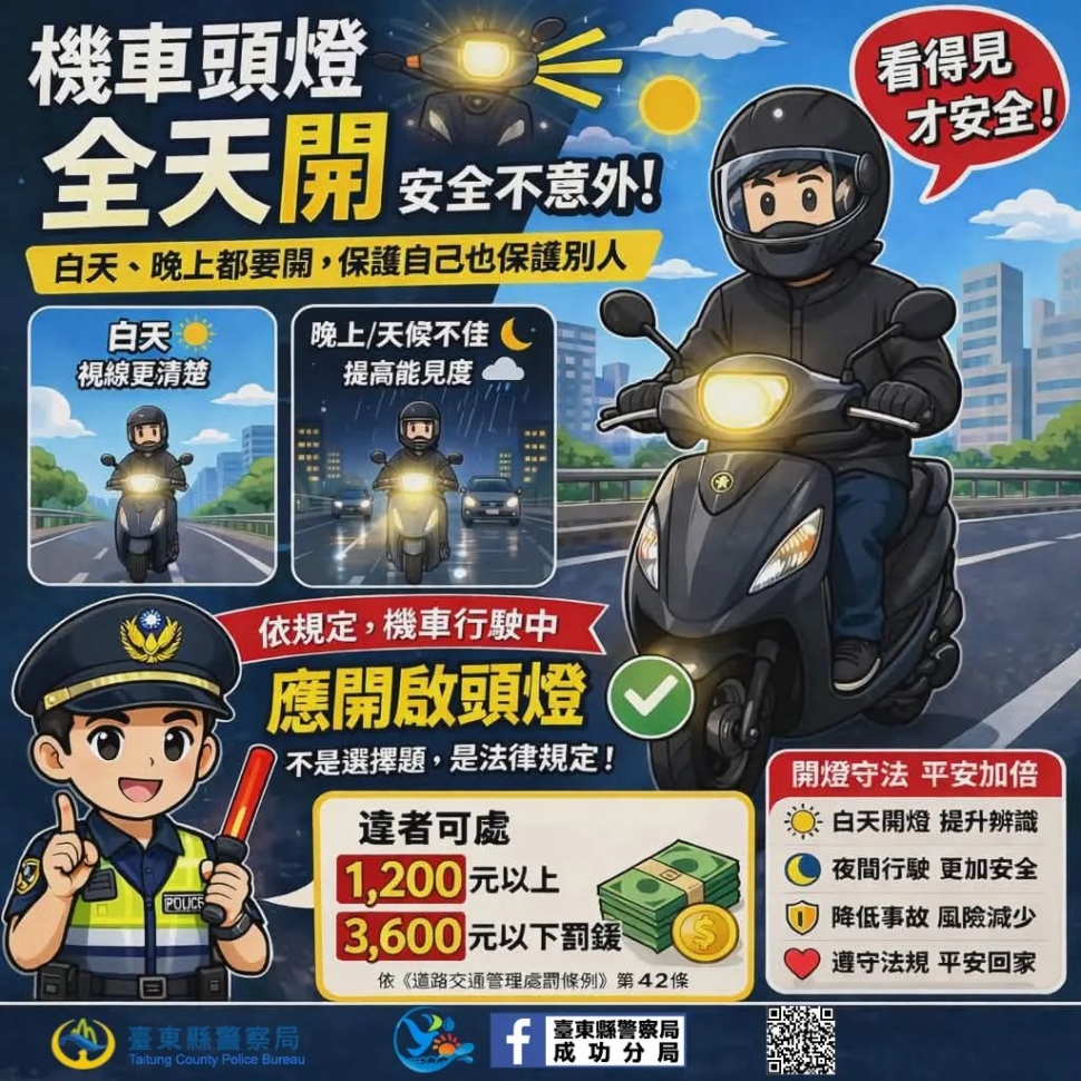 提升辨識降事故　成功分局籲機車騎士養成全天開燈好習慣