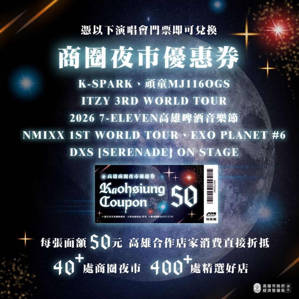 台韓大咖週週開唱到暑假！G-Dragon、太妍、子瑜、頑童即將登陸高雄 高市府續推商圈夜市優惠券50元