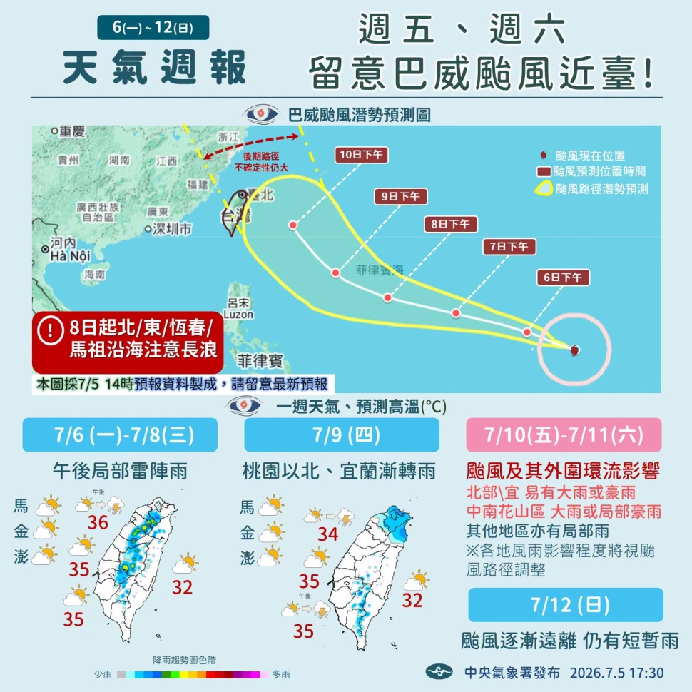巴威颱風將構成威脅 請農漁牧業做好防颱準備