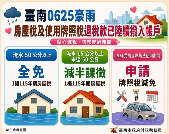 0625豪雨災損之房屋及車輛退稅款，南市財稅局已陸續撥入民眾指定帳戶