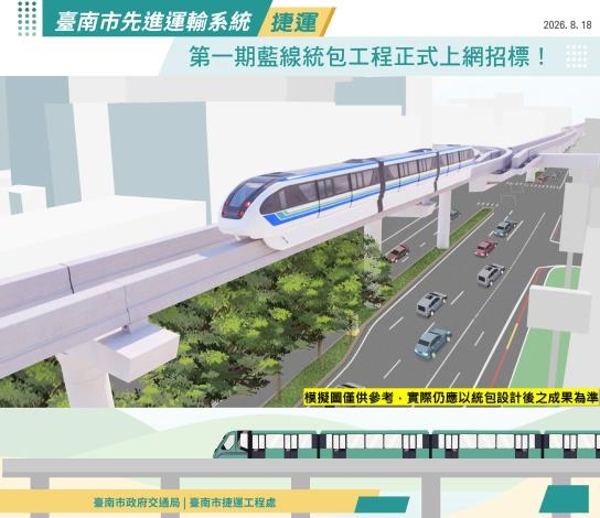臺南捷運邁向新里程　第一期藍線統包工程正式公告招標
