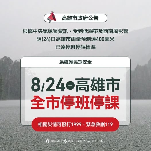 受到低壓帶及西南風影響　高雄市明8/24停止上班、停止上課
